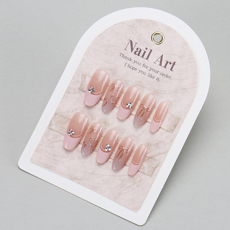 10 Pcs Handmade Pink French Almond Press On Nails With Bow Heart Rhinestones Cute Reusable Fake Nails For Girls