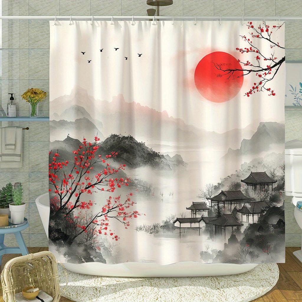 Chinese Style Ink Painting Shower Curtain - Digital Print, Waterproof Polyester, Machine Washable, All-Season Bathroom Decor
