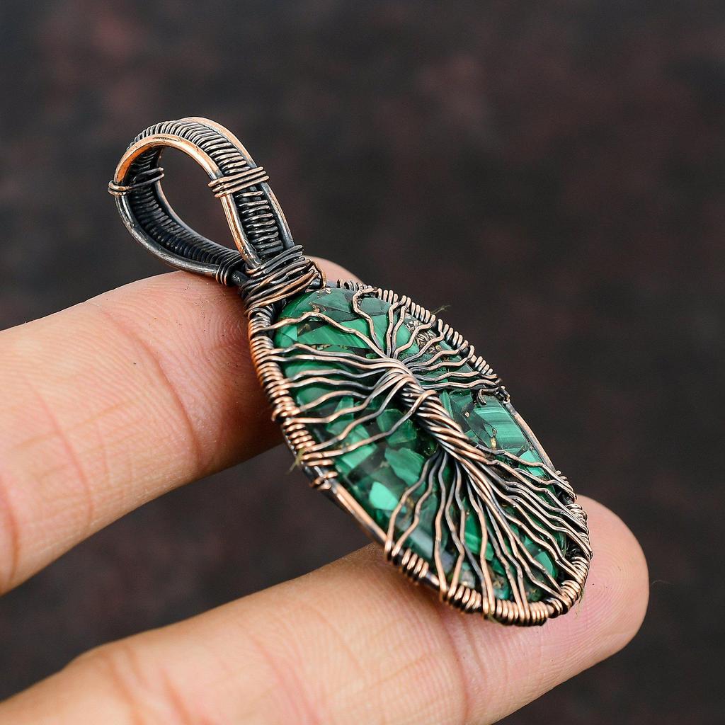 Pandantiv Piatră Prețioasă Malahit Cupru Arborele Vieții Pandantiv Înfășurat în Sârmă de Cupru Bijuterii Arborele Vieții Pandantiv Lucrat Manual Pandantiv de Designer Pentru Femei
