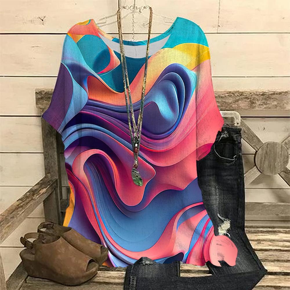 

Летняя женская футболка 3D Curve Print Топы с коротким рукавом Футболки Свободная одежда больших размеров 2023 Новые женские футболки оверсайз с O-образным вырезом