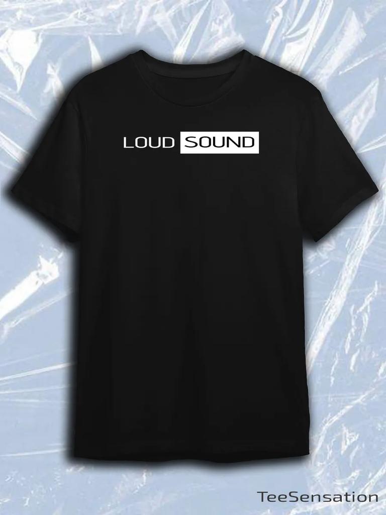 Black Crew Neck Short Sleeve T-Shirt with White LOUD SOUND Box Text