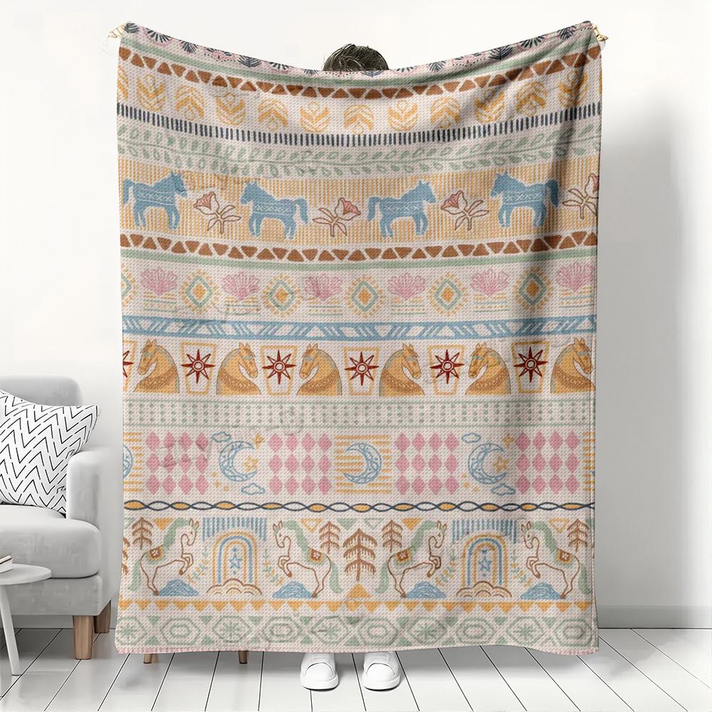 Bohemian Horse Pattern Flannel Blanket, Ethnic Tribal Striped Throw, Soft Cozy for Boho Home Decor, Warm Sofa Couch Gift 75x90cm