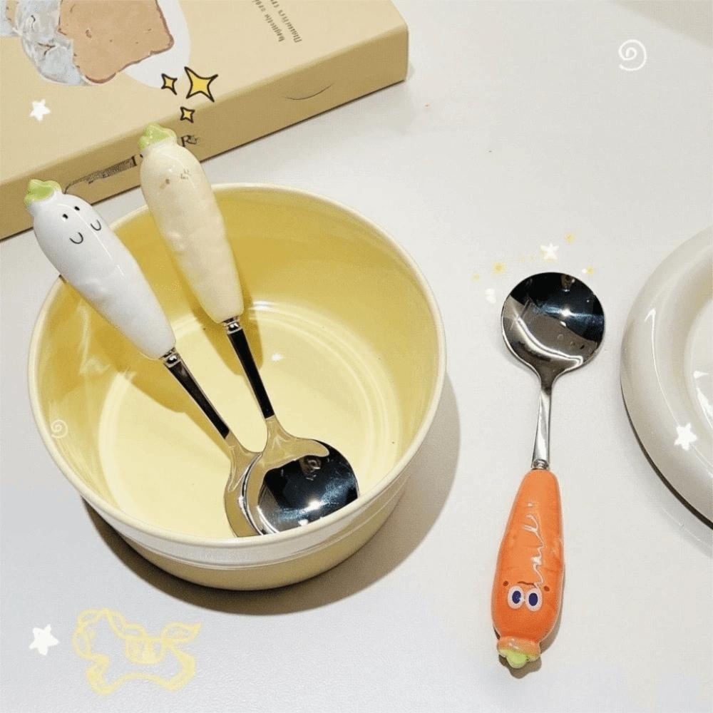 Stainless Steel Spoon Fork Chopsticks Set Ceramic Handle with Storage Box Carrot Spoon Fork Cartoon Portable Tableware Travel