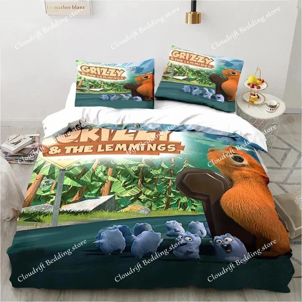 Cartoon Grizzy N Lemmings Bedding Set Duvet Cover Bed Set Quilt Cover Pillowcase Comforter King Queen Size Boys Adult