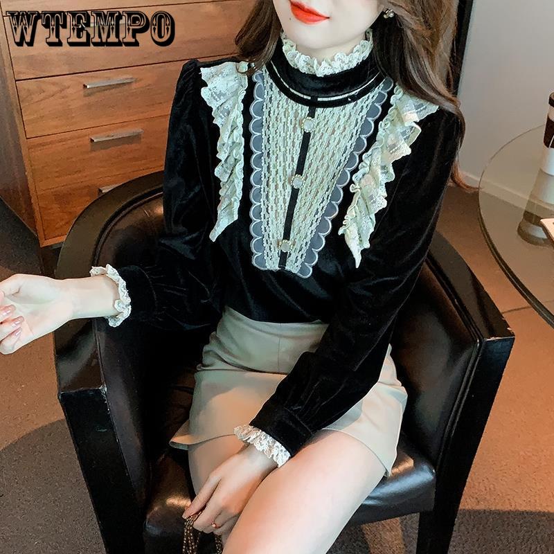 Gepolsterte, verdickte Herbst- und Winterbluse aus Samt für Damen im Promi-Temperament im Court-Stil