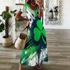 Women Plus Size V Neck Short Sleeve Clover Printed Dark Green Long Straight Dress