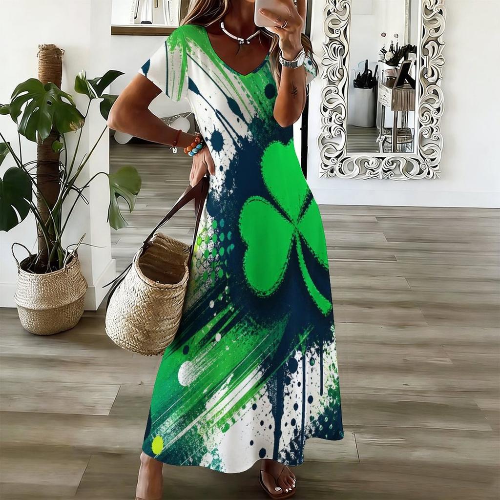 Women Plus Size V Neck Short Sleeve Clover Printed Dark Green Long Straight Dress