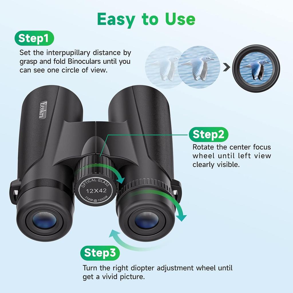 12x42 HD Binoculars for Adults, High Power Binoculars with Tripod Phone Adapter, Waterproof Compact Binoculars for Bird Watching Hunting Stargazing,