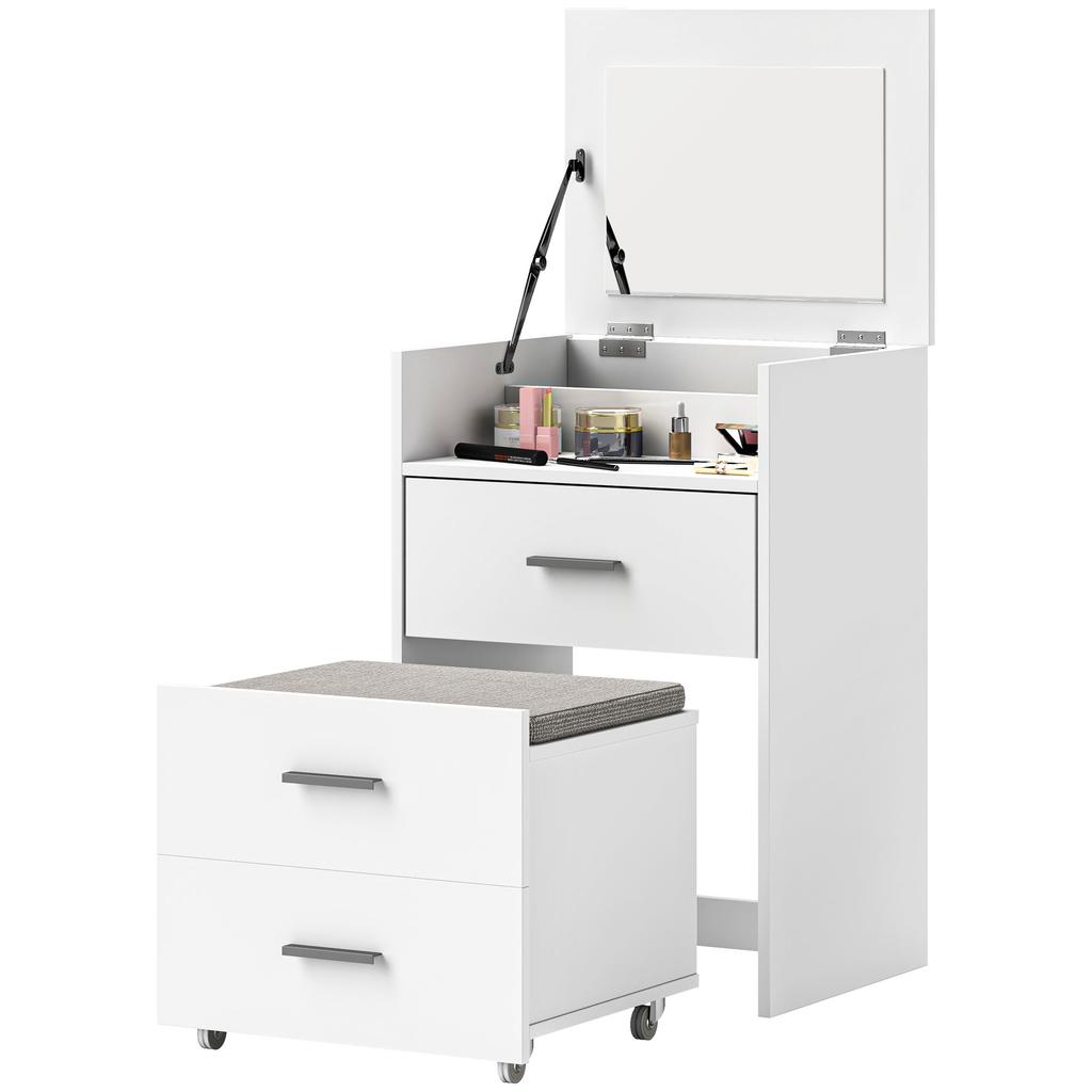 Toeletta da Trucco in Legno con Specchio Ribaltabile, 2 Cassetti e Sgabello, 50x40x113,5 cm, Bianco