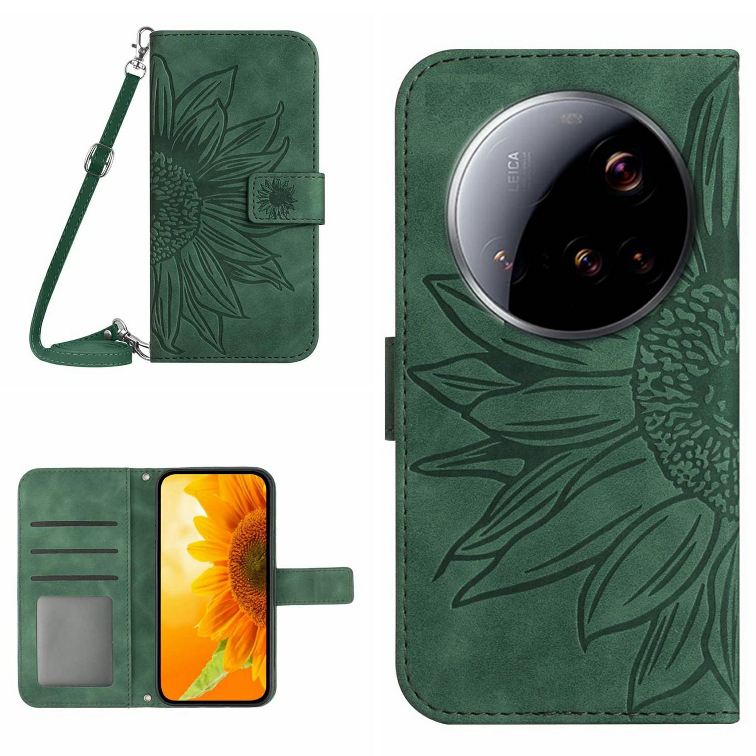 

For Xiaomi 15 Ultra Case Sunflower Imprint PU Leather Phone Cover with Long Strap Dark Green