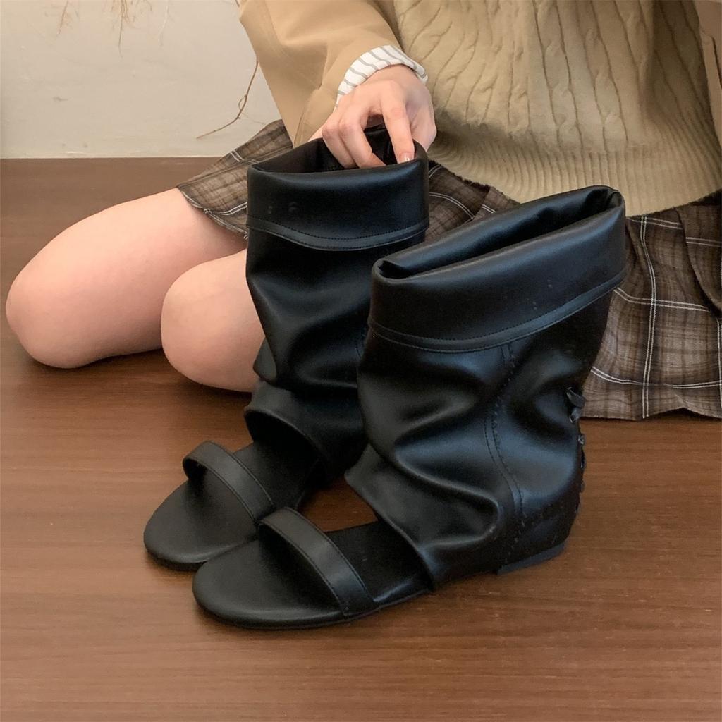 First Encounter Season Retro Open-Toed Piled Boots Women'S Summer Short Tube Word With Open-Toe Cool Boots Spice Girl
