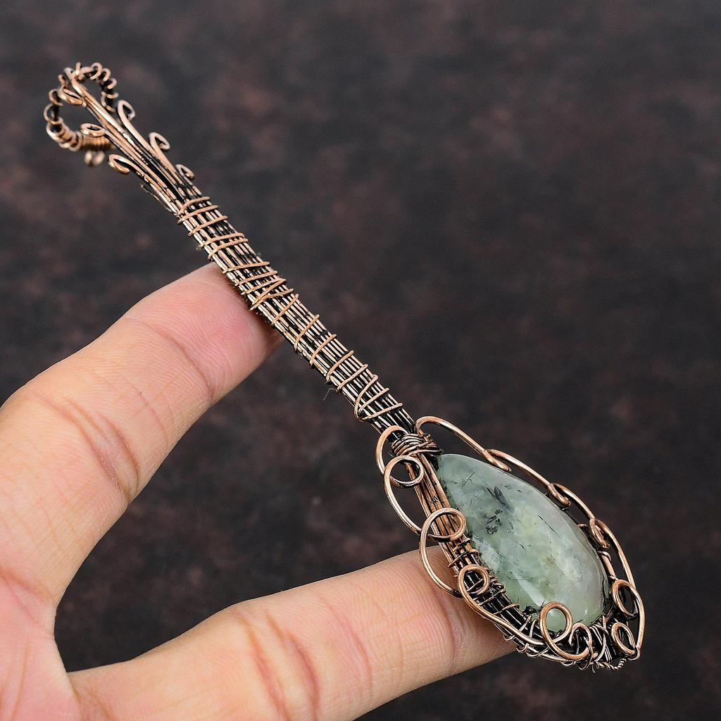 Moss Prehnite Copper Wire Wrapped Pendant Gemstone Pendant Moss Prehnite Copper Jewelry Gift For Her Guitar Pendant Handmade Ethnic Pendant