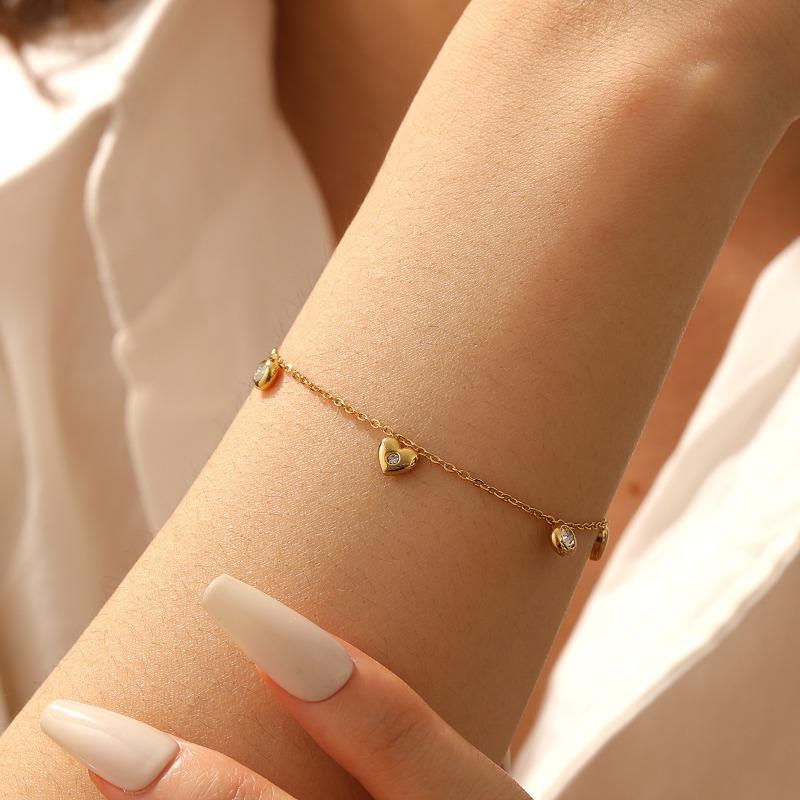 Gold Plated CZ Heart Round Charm Bracelet, Dainty Adjustable Cable Chain for Women, Cute Daily Jewelry