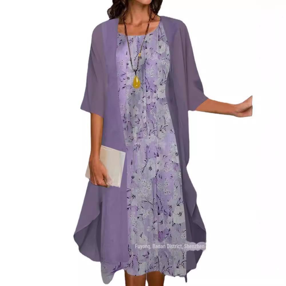 Top-Selling European & American Fashion: Spring & Autumn Casual Printed Chiffon Dress Two-Piece Set