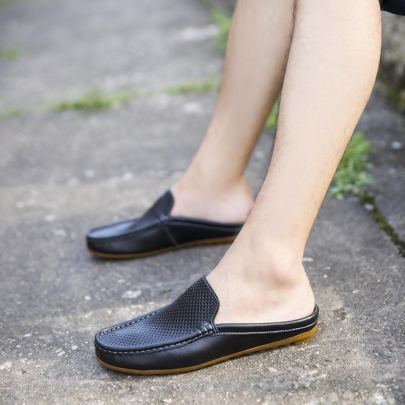 Summer Breathable Half Slippers Men's Breathable Hollowed-out Bag Head Cowhide Sandals Without Heels Lazy Shoes Men Wear Leather Sandals