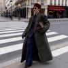 Womens Oversized Long Wool Blend Coat With Striped Notched Lapel Double-Breasted Button Streetwear Chic Style