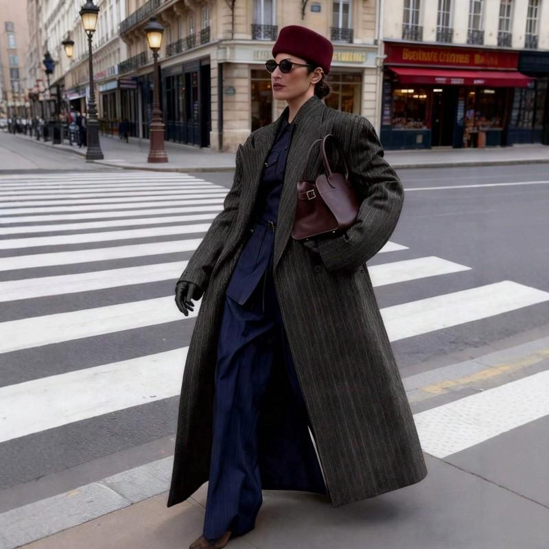 Womens Oversized Long Wool Blend Coat With Striped Notched Lapel Double-Breasted Button Streetwear Chic Style