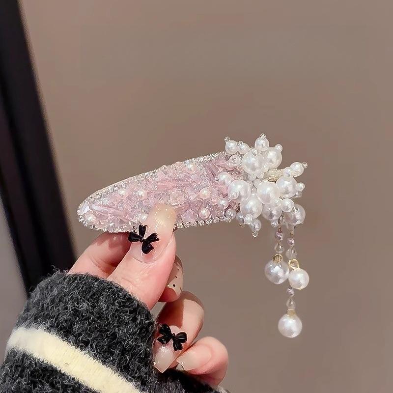 Light luxury French crystal hairpin women's new temperament pearl tassel bb clip bangs broken hair clip national style hairpin
