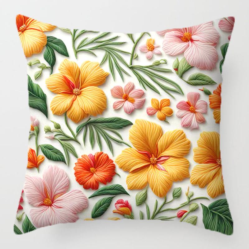 3D Floral Embroidery Throw Pillow Cover - Sofa Cushion, Digital Print Pillowcase