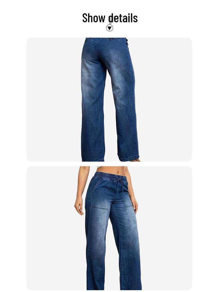 Women's Retro High Waist Wide Leg Drawstring Jeans - Washed Loose Fit Straight Leg Pants