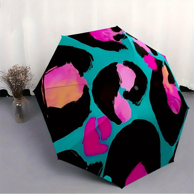 1pc Neon Leopard Print Automatic Folding Umbrella - 8-Rib Iron Frame, Windproof, Portable Sunshade with Plastic Handle for Travel & Outdoor
