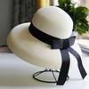 Elegante Ademende Strooien Hoed Zwarte Lint Grote Rand Zonneklep Hoed UV Bescherming Zonnehoed Dames