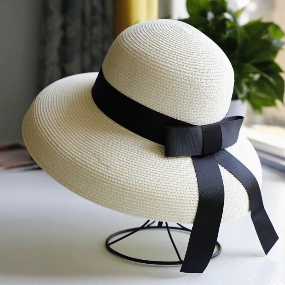 Cappello di Paglia Traspirante Vintage a Tesa Larga Protezione UV Cappello Parasole con Nastro Nero Cappello da Sole da Donna