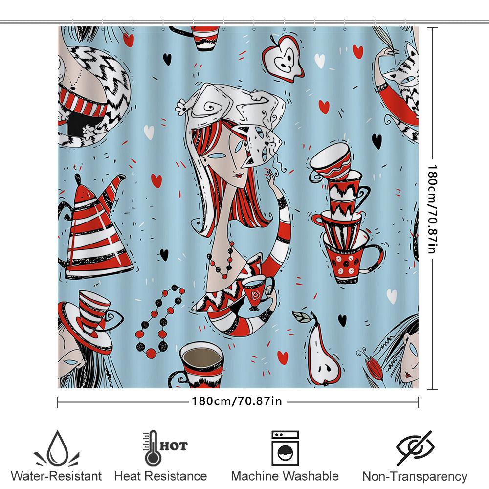 Stilvoller Cartoon-Badevorhang mit Teeparty-Thema Perfekt für Badezimmerdeko!