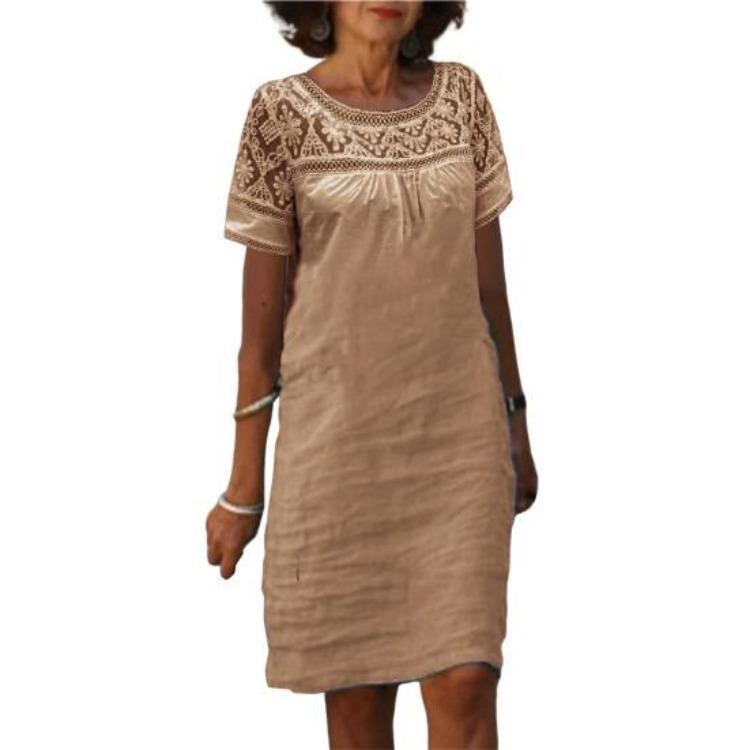 Women Casual Summer Loose Cotton Linen Mini Short Sleeve Round Neck Lace Sundress Beach Short Dresses