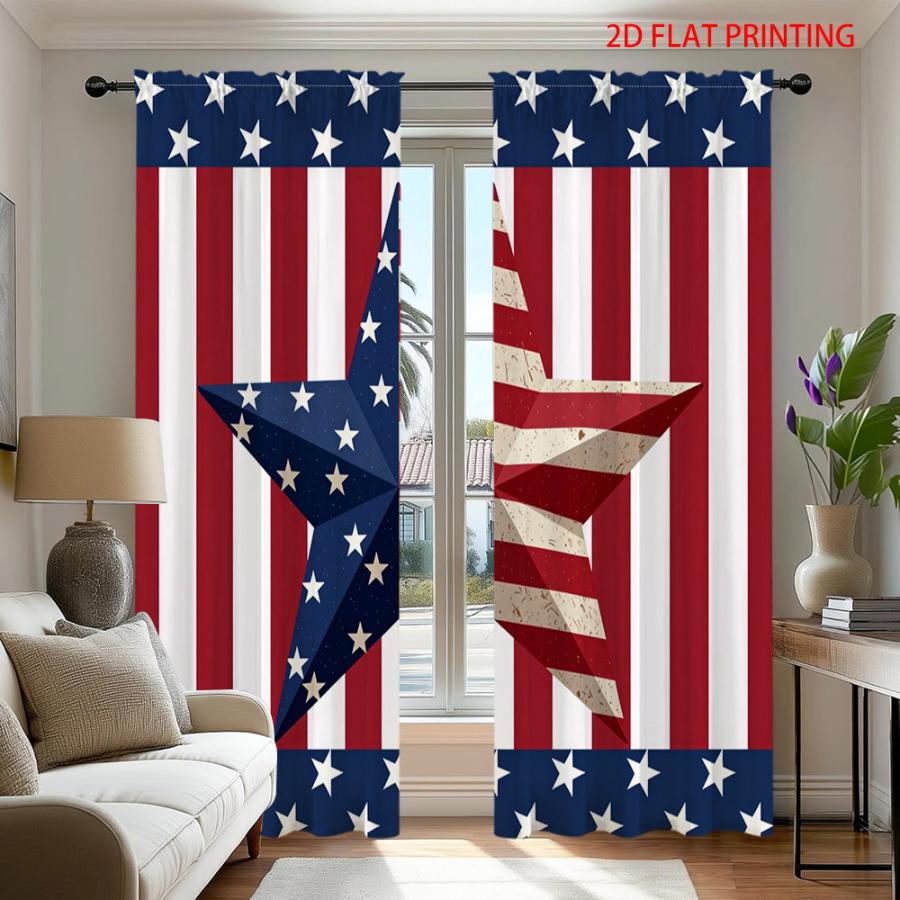 Digital Printed Curtains, Red Blue White Stars Pattern, Beautiful Window Drapes for Living Room Bedroom Home Decor