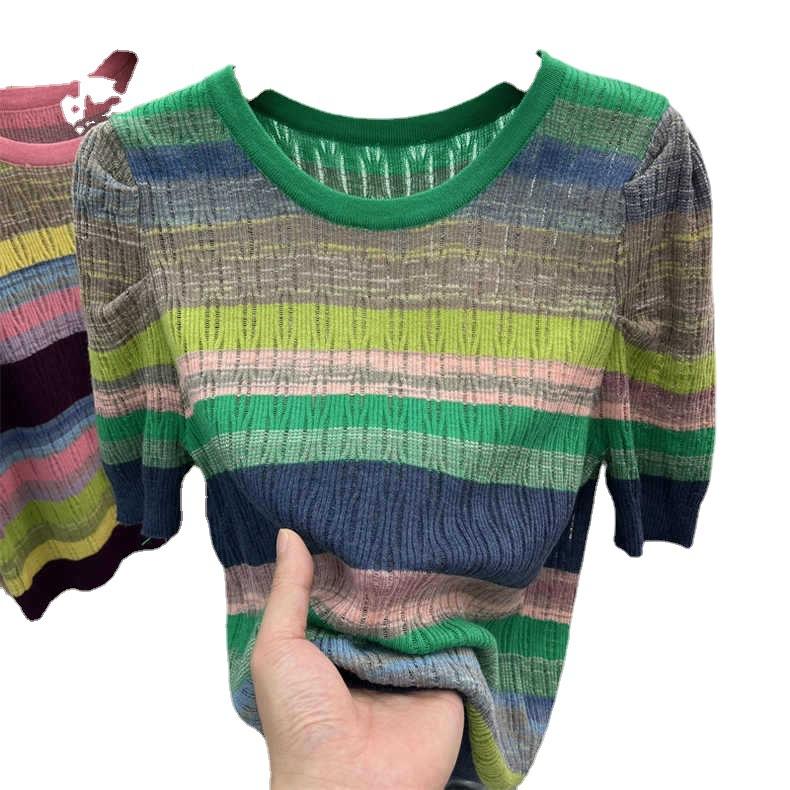 Dünnes Strick-T-Shirt mit hohlen Einsätzen und kurzen Ärmeln für Damen Sommer Bunt gestreift Puffärmel Kleines Shirt Oberteile Lässige Slim-Fit Pullover Tees