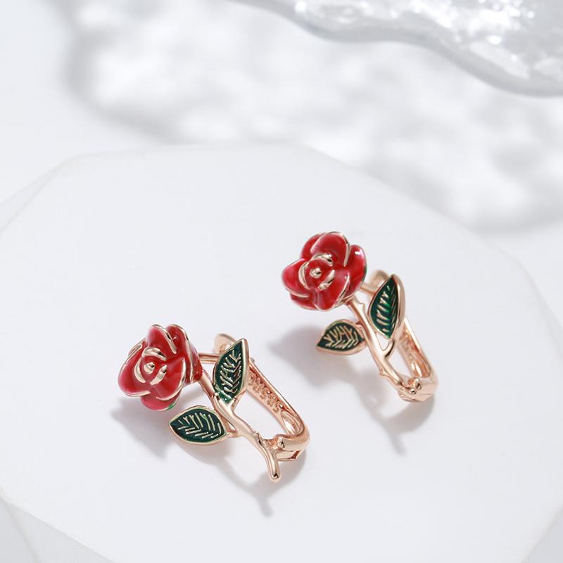 New Creative Rose Earrings For Women  Rose Gold Color Red Enamel Fashion Fine Jewelry Party Cute Vintage Drop Earrings