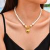 Stainless Steel Embossed Heart-Shaped Imitation Pearl Beaded Ot Buckle Necklace Plated With 18K Gold, Jewelry Nc-2136G