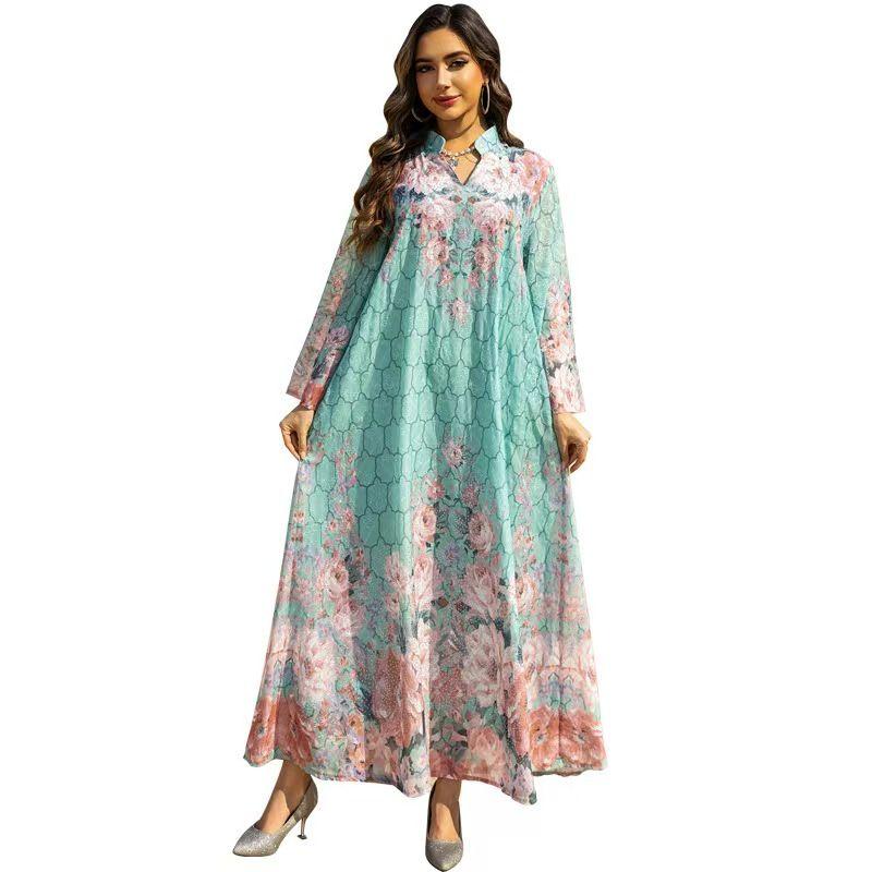 New Middle East Dubai Fashion Embroidered Print Robe Dress Embroidered Printed Dress