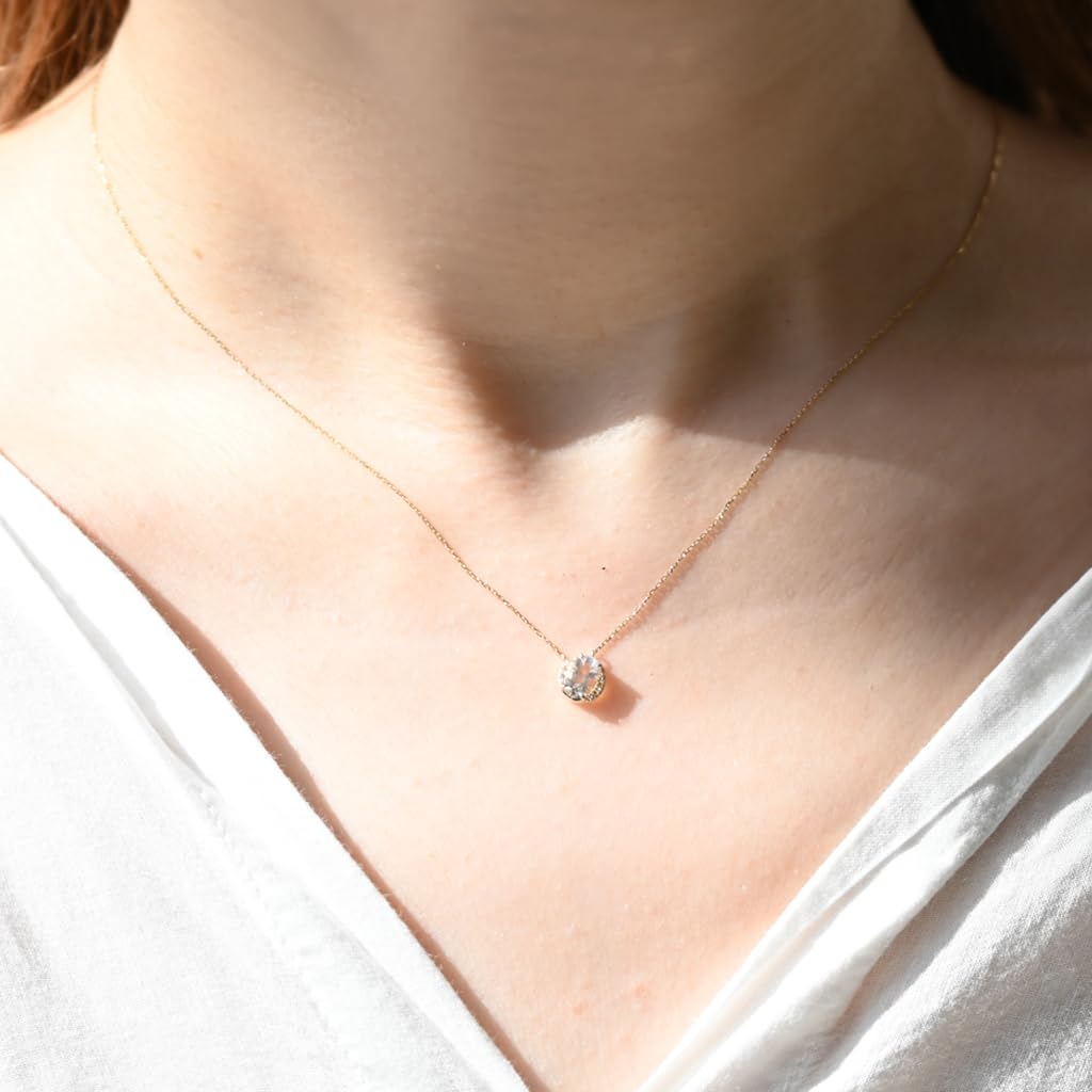 Soi June Birthstone Halo Necklace with Blue Moonstone Yellow Gold with Authentic Natural Stone Birthday Amulet (10K Topaz, 40cm) - Jewelry, Gift,