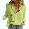 Women Fashion Floral Print Linen Top Casual Long Sleeved Buttoned Shirt Ladies Stand-collar Thin Blouse