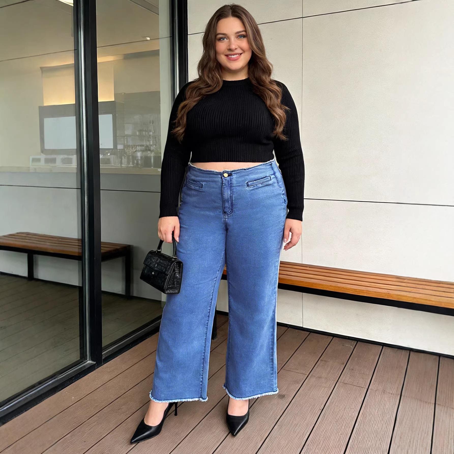2026 European & American Plus Size Frayed Wide-Leg Denim Pants - Trendy Niche Design 2XL/16 синий