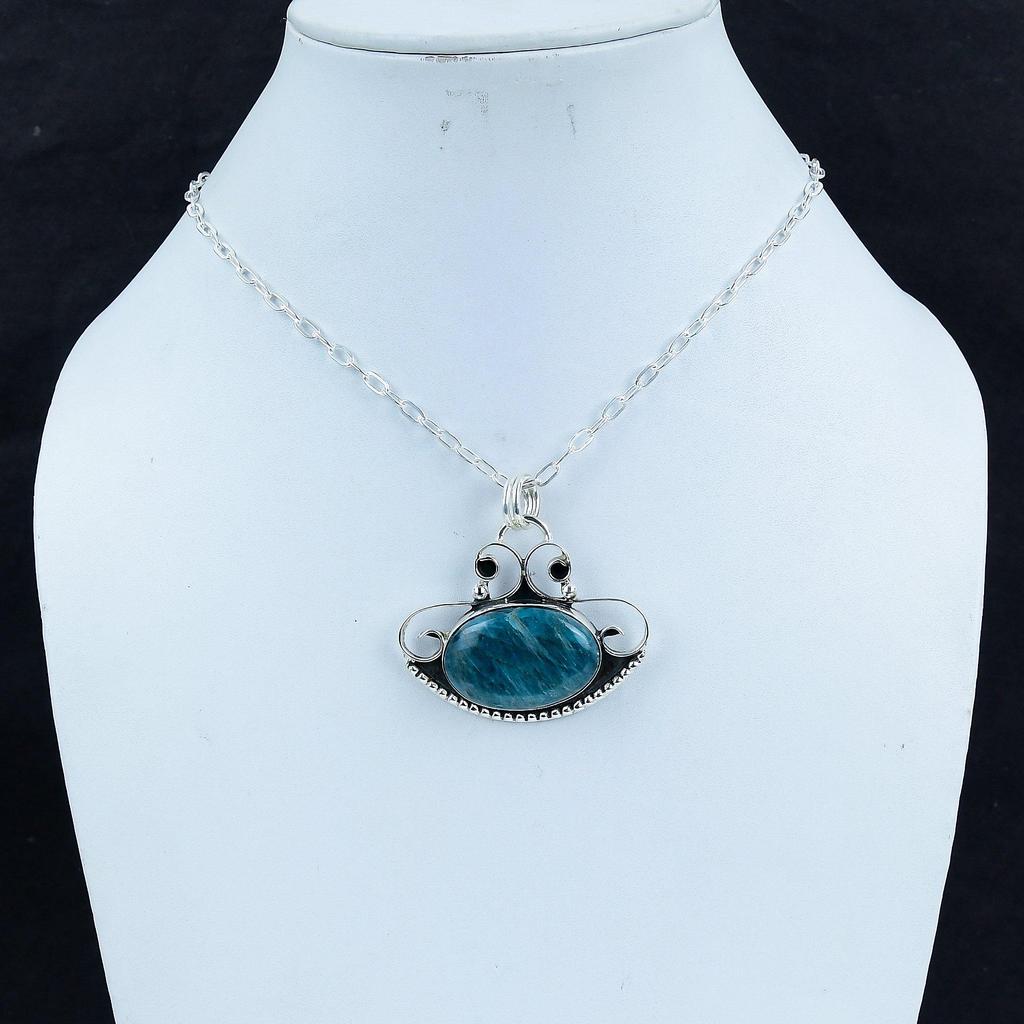 Natural Blue Apatite Gemstone Silver Pendant In 925 Sterling Silver - Handmade Design, Everyday Wear Jewelry Anniversary Gift