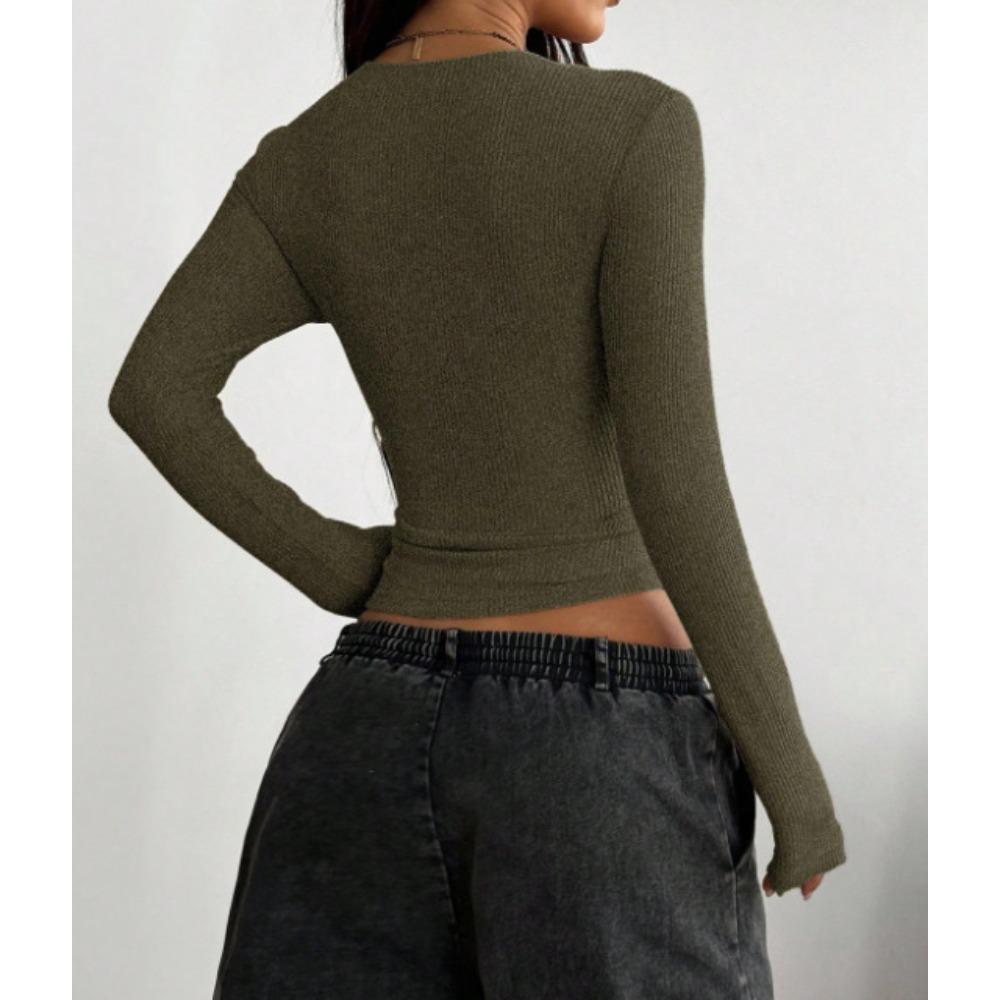 Fashion Women's Flared Cuff V-neck Top, Ribbed Knit Form-fitting Crop Top, Versatile Casual Top for Spring & Fall Outfits