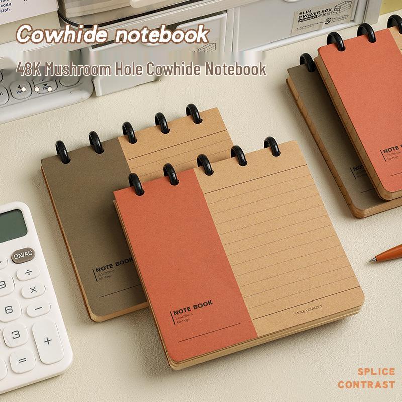 Mushroom Hole Removable Mini Cowhide Notebook 48K Orange Mushroom Hole Cowhide Notebook