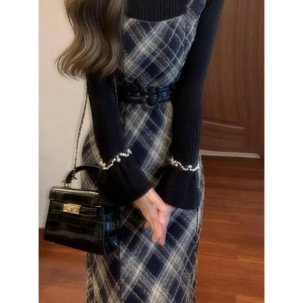 Plaid Wool Suspender Dress & Bell Sleeve Sweater Set - Slimming Waist, Autumn/Winter.