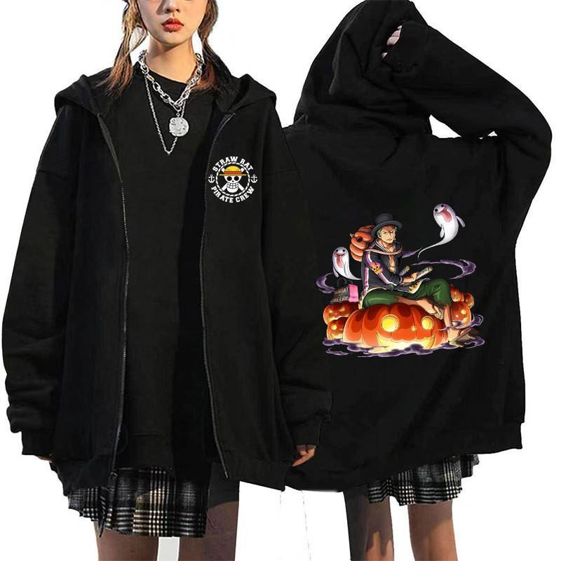 Mens Oversized Hooded Zip-Up Sweatshirt With One Piece Anime Print Plus Size Fleece-Lined Casual Jacket Fall