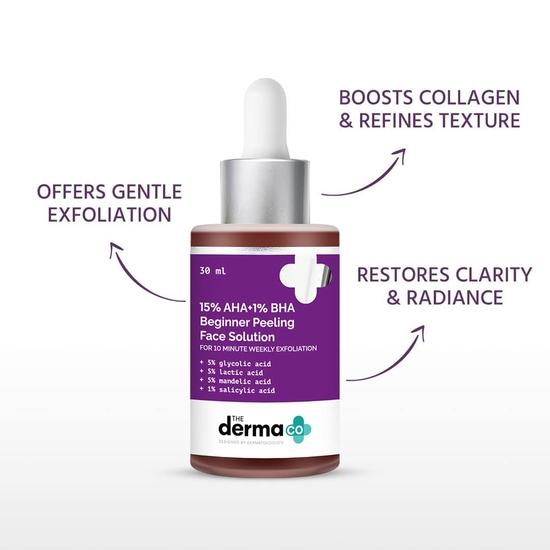 The Derma Co 15 % AHA + 1 % BHA – Reparierende Gesichtspeeling-Lösung für Anfänger, entfernt Unreinheiten für ein 10-minütiges wöchentliches Peeling
