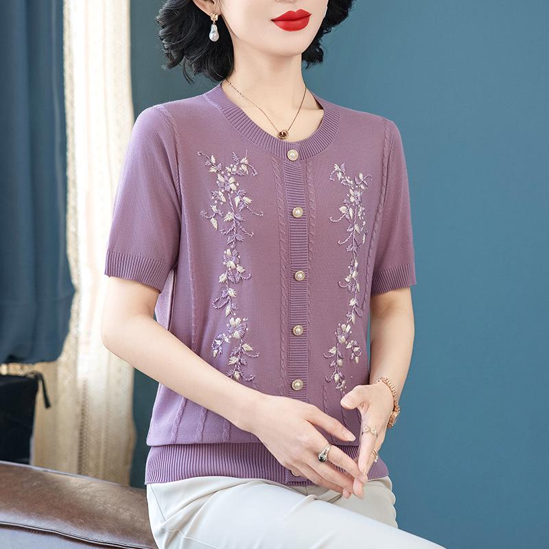 

Stylish Embroidered Short-Sleeve T-shirt for Moms: Ice Silk Summer Top & Cardigan XL (Recommended 100-110 jin) фиолетовый