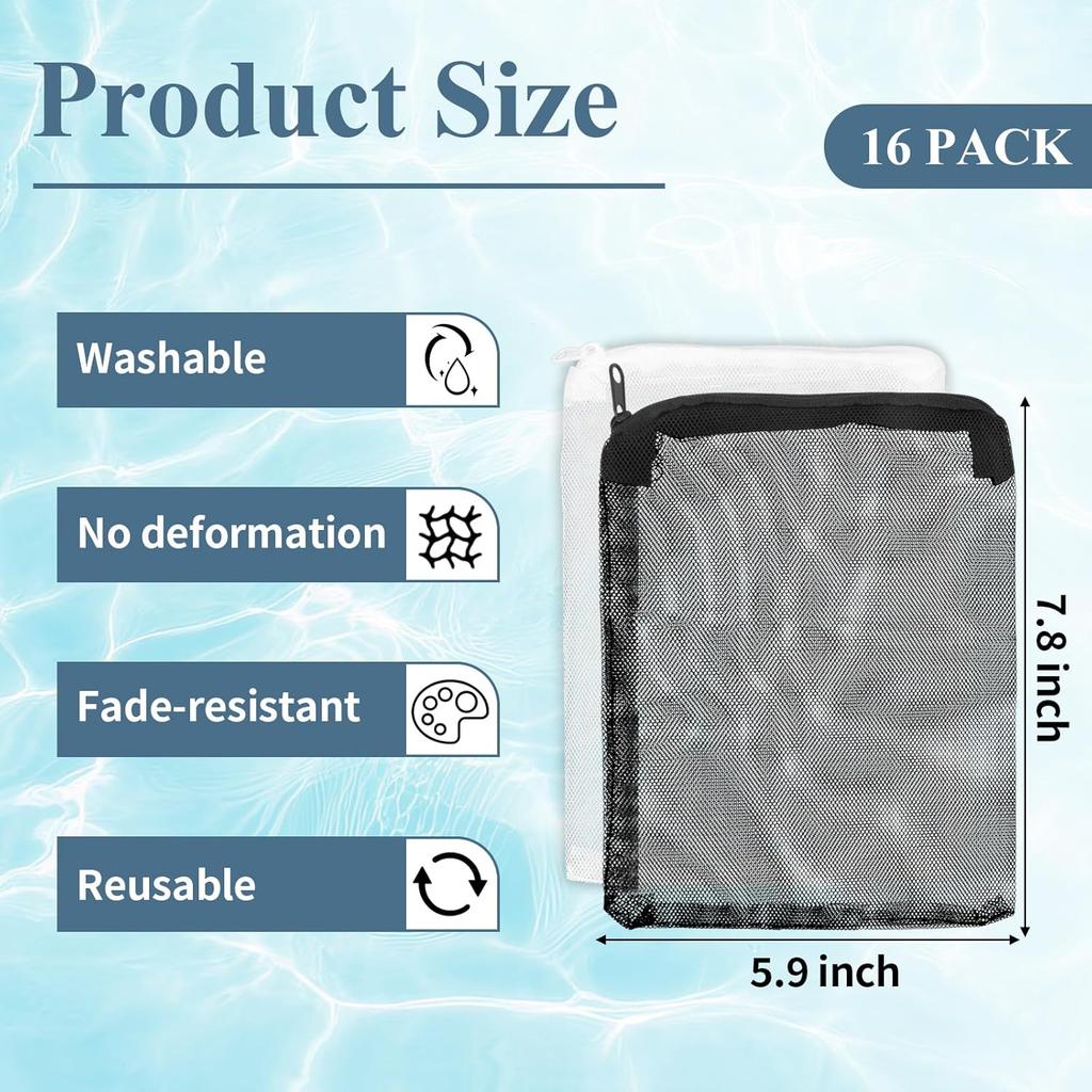 16 Pcs Aquarium Filter Media Bags Extra Fine, 7.8 X 5.9 Inch Filter Media Bag with Zipper, White & Black Aquarium Mesh Bag for Fish Tank Activated