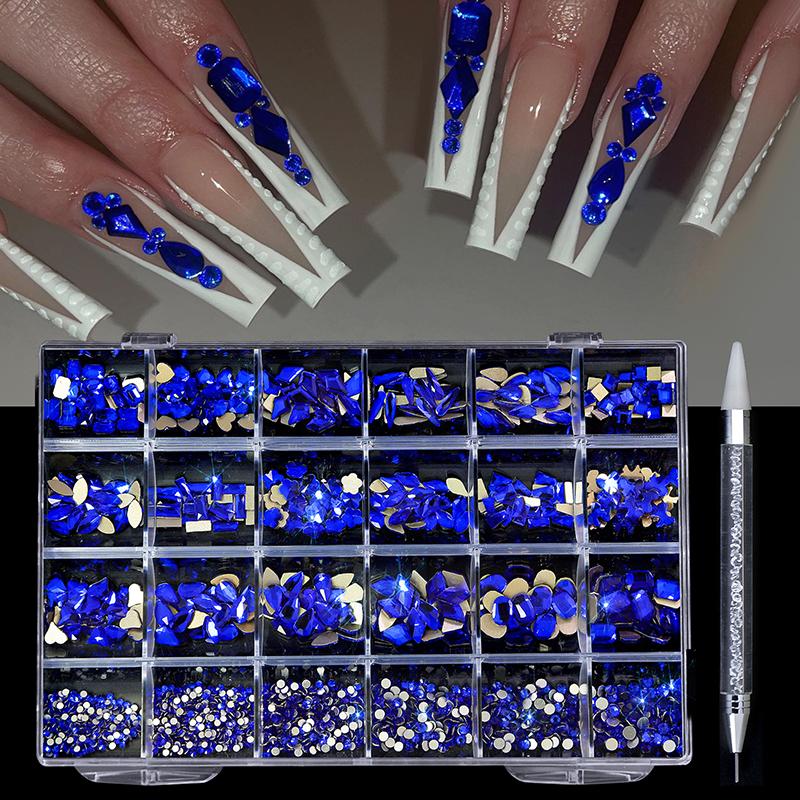 24 Gitter/Box Nagel-Diamant-Schmuckset für Nagel-Kunst-Dekorationen, Nagel-Flachboden-Bohrer, Nagel-Kunst-Strass und Dekoration