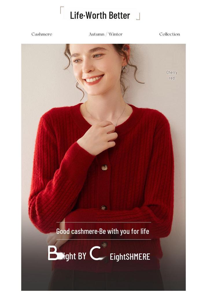 Women's Cashmere Round Neck Cable Knit Button-Up Cardigan - Autumn/Winter 2025 Korean Loose Slimming Style