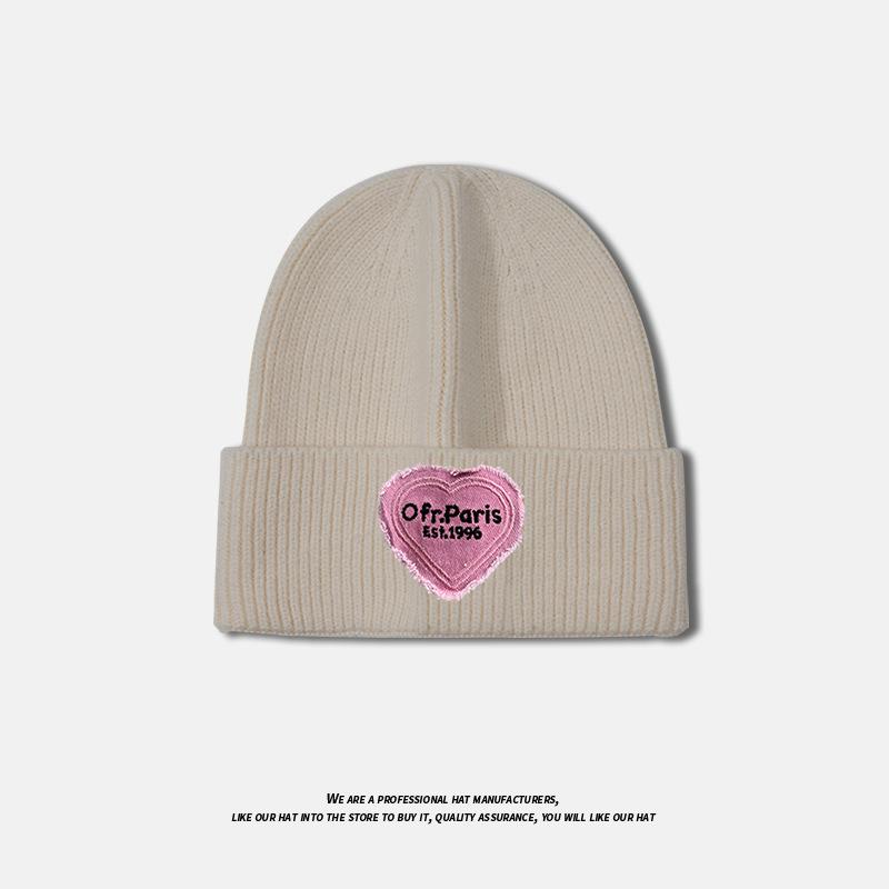 Love Patch Knitted Hat for Women In Autumn and Winter Versatile Fashionable Woolen Hat Large Head Circumference Warm Pullover Cold Hat