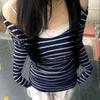 Spring and Autumn Models Women's Street Slim Personality Bottoming Casual One Shoulder Long-sleeved Striped T-shirt
