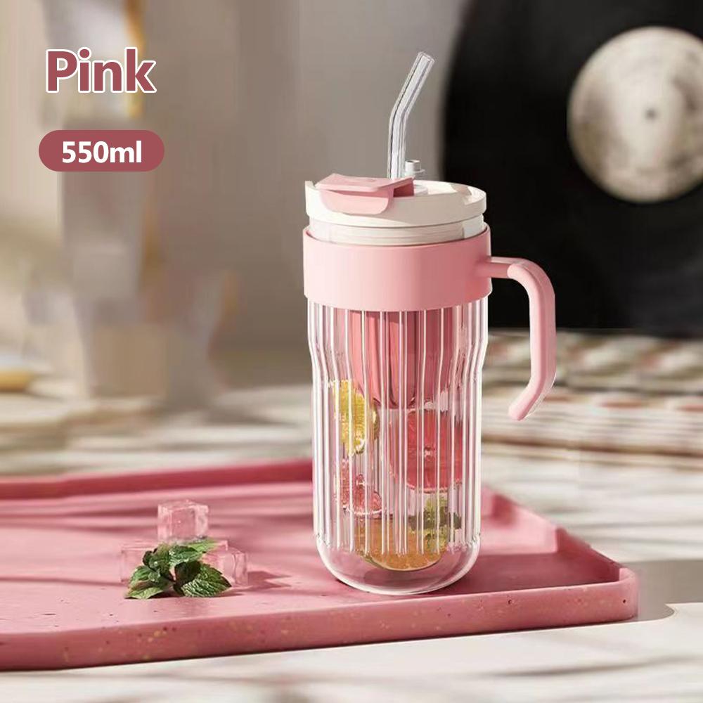 550ML Stripe Glass Water Bottle With Tea Infuser Transparent Cup With Straw For Ice Coffee Milk Tea Juice 550ML